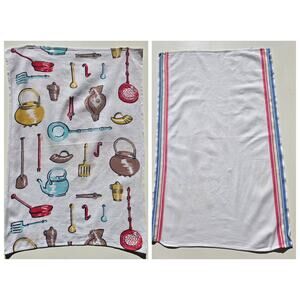 Vintage Americana Kitchen Towel Pair Red White Blue Utensil Stripe Large